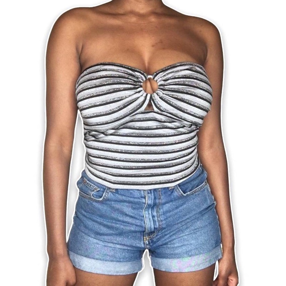 Black, Grey, & White, Striped, Sleeveless O-ring, Glitter Blouse